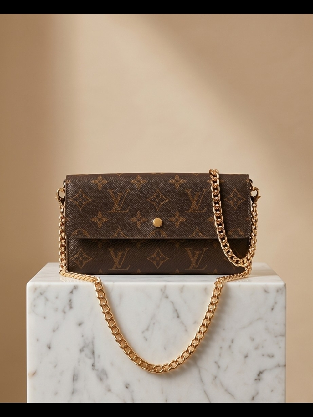 Louis Vuitton Brown Monogram Wallet with Unbranded Gold Chain Strap, & COA